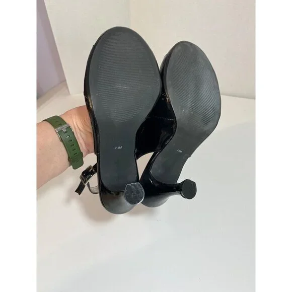 Vintage Inspired Wingtip Faux Black Patent Leather Slingback Heels Size 7.5 - Picture 6 of 10